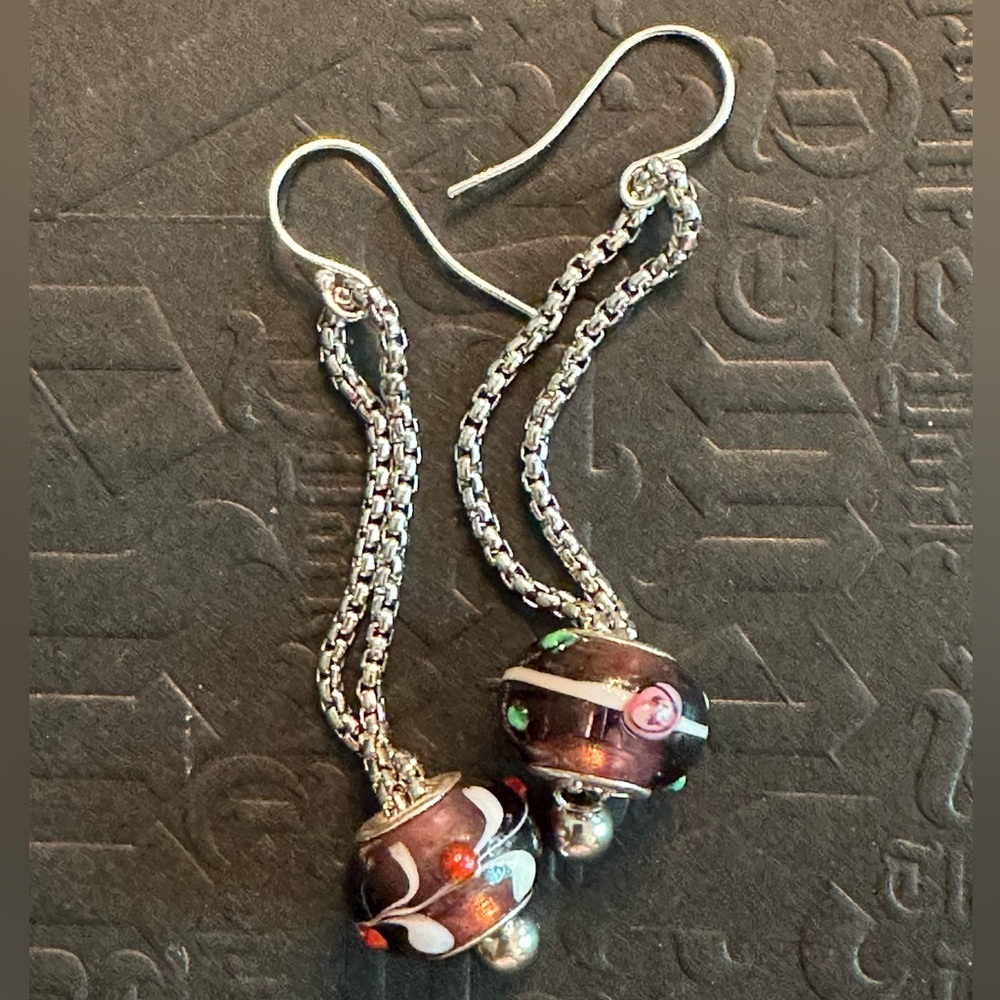 ARTISAN Floral Violet Lamp Work Glass Bead Shoulder Duster Silver Earrings
